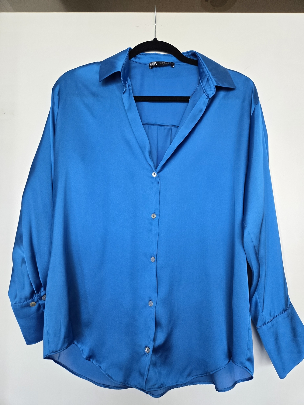 Zara Satin Effect Button-Up Blouse in Vibrant Blue